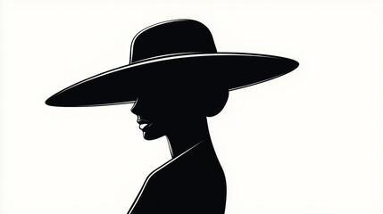 A black silhouette of a woman wearing a wide-brimmed vintage hat, standing in an elegant pose