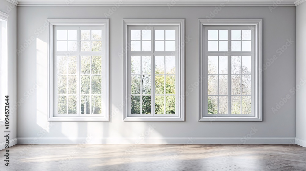 Poster Modern empty room with big windows showing trees outside
