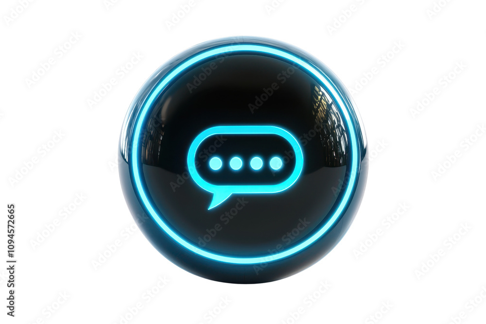 Poster a circular icon featuring a speech bubble with three dots, highlighted by a glowing blue outline.