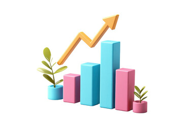 A colorful bar chart with an upward arrow, accompanied by small green plants, symbolizing growth and progress.