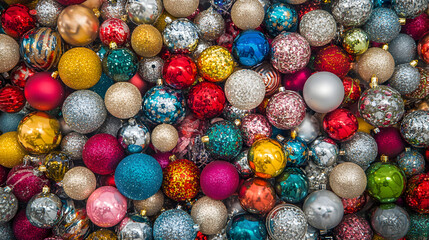 Fototapeta premium A pile of Christmas ornaments in vibrant colors with glittery accents.
