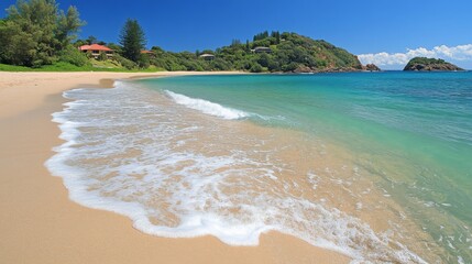 Tranquil Beach Scene with Foamy Waves and Lush Green Hills