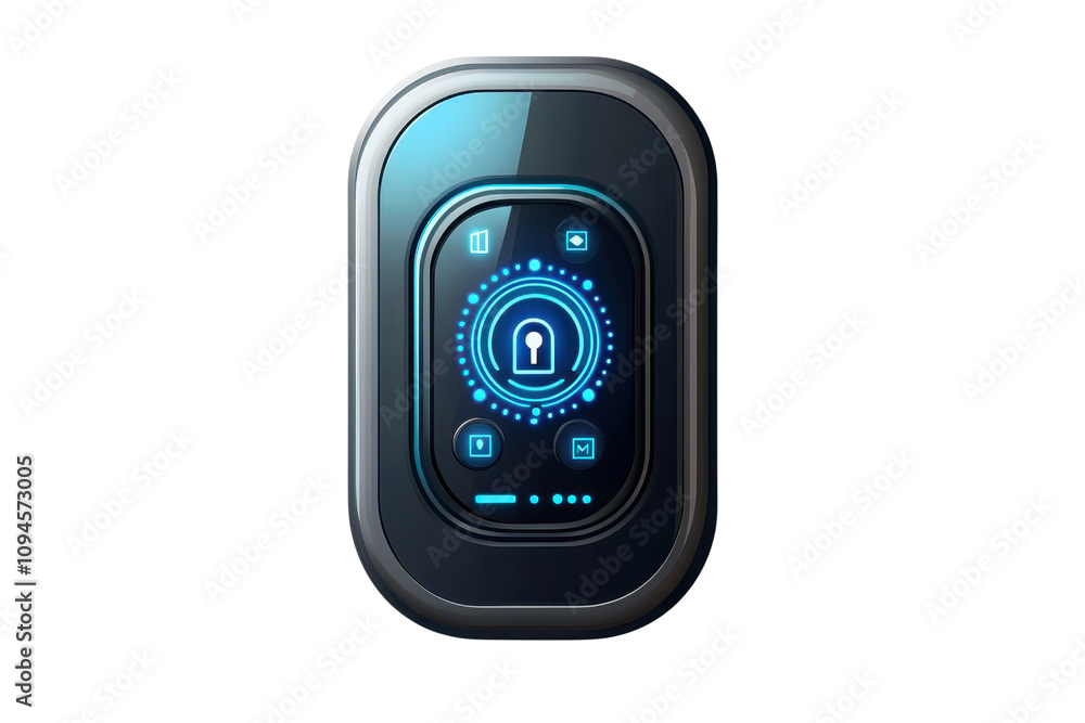 Poster a sleek, futuristic digital lock interface featuring a circular lock symbol, operation indicators, a