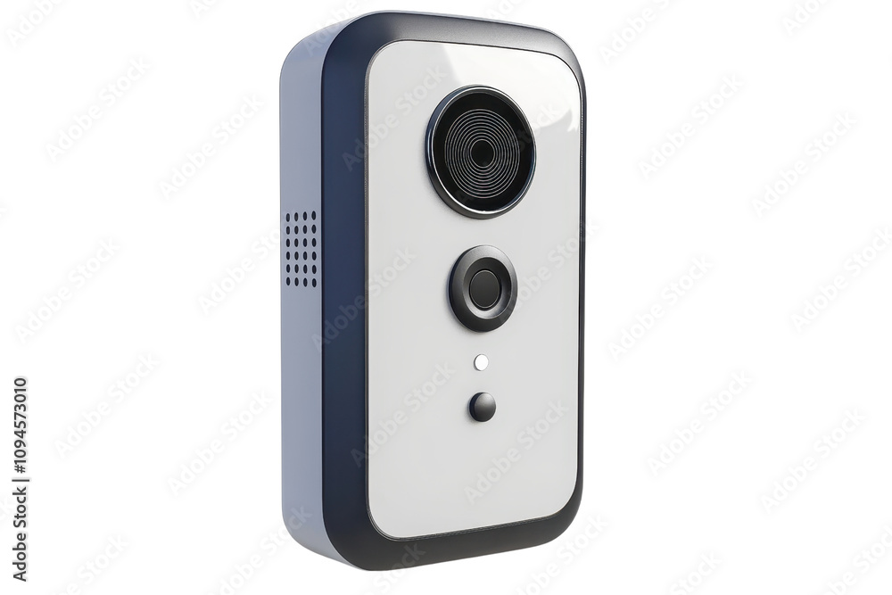 Poster a sleek security camera with a distinct lens and button interface, designed for monitoring and surve