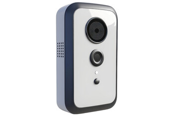 Fototapeta premium A sleek security camera with a distinct lens and button interface, designed for monitoring and surveillance.