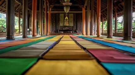 Colorful mats are neatly arranged in a Saman dance venue, inviting performers in