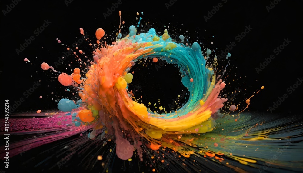 Poster vibrant abstract circle liquid motion flow explosion artwork featuring curved wave patterns and colo