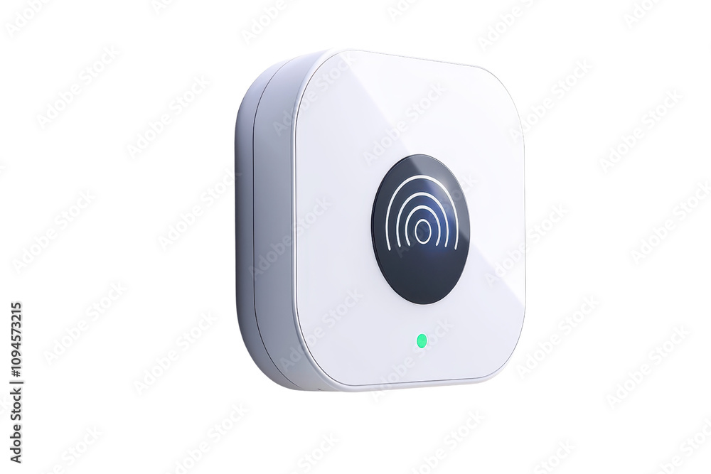 Poster a sleek, white wireless device featuring a circular interface and a glowing indicator light, designe