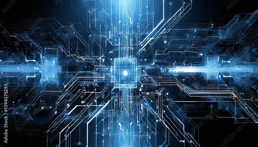 Poster abstract circuit cyberspace design depicting a futuristic digital landscape, merging advanced techno
