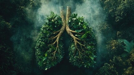 Conceptual representation of human lungs intricately designed with vibrant green trees and lush foliage, symbolizing climate change and health impacts of smoking.