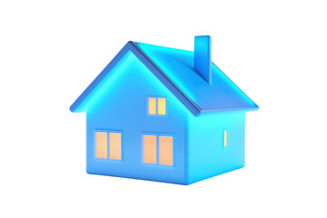 A glowing blue house with a chimney and illuminated windows, representing comfort and home.