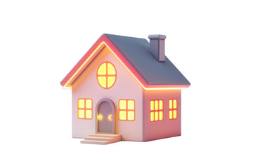 A charming house with glowing windows and a welcoming door, featuring a sloped roof and a chimney.