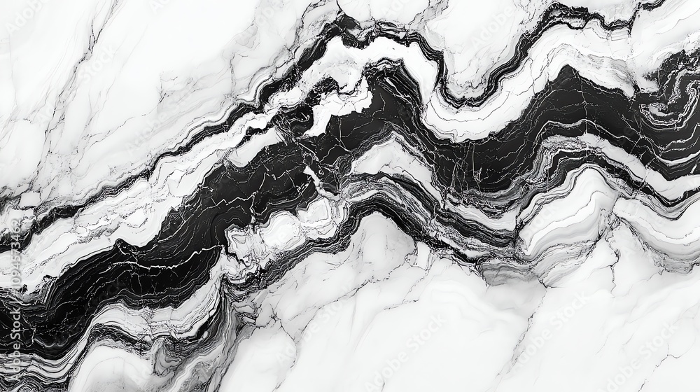 Poster A close-up view of a black and white marble pattern with flowing lines and textures.