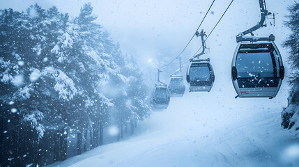 A snowy alpine cable car system with tightly packed gondolas steadily moving through blizzard conditions.