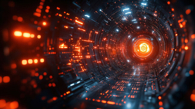 High-tech tunnel with glowing lights and digital patterns leading to a bright center in a futuristic environment. Generative AI