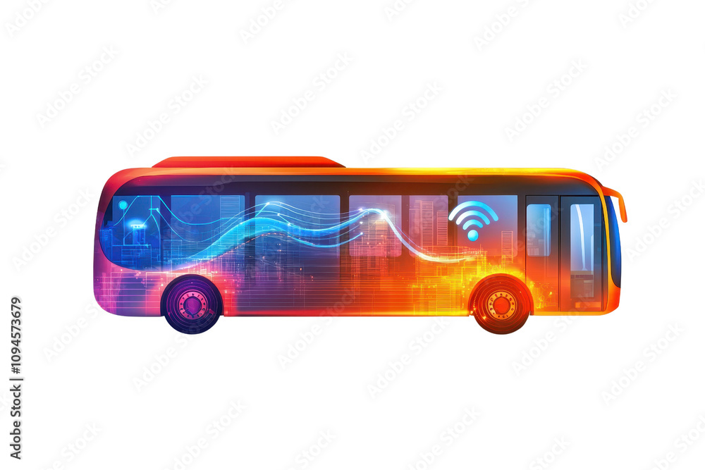 Poster a vibrant, stylized bus featuring wireless signals and dynamic light patterns, symbolizing modern tr
