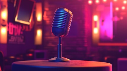 Stylish vintage microphone prominently displayed on a table, ambient lighting creating a vibrant atmosphere perfect for podcasts and stage performances.