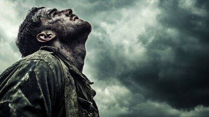 Fototapeta premium WWII Soldier Gazing at Dramatic Sky, Emotional Close-Up with Stormy Background