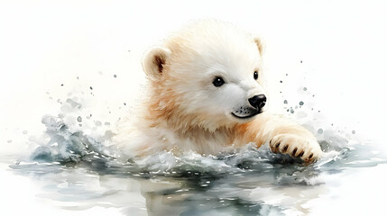 Watercolor Illustration of a Polar Bear Cub Swimming