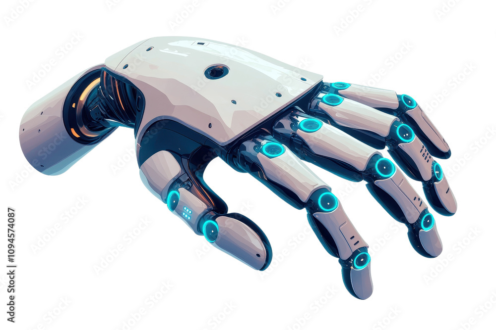 Poster a robotic hand with articulated fingers and illuminated joints, showcasing advanced design and techn