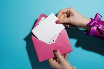 Hand holding a white blank card being pulled from pink envelope on turquoise background with vibrant purple sleeve and soft shadows creating a playful look