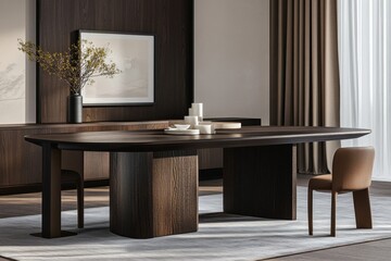 Modern dining room featuring a sleek table, minimalist decor, and a stylish chair.