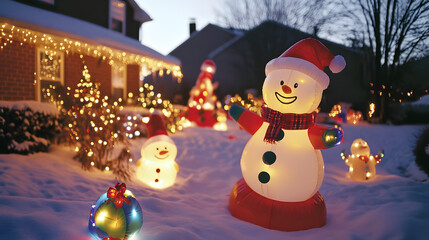 Obraz premium A snowy front yard with inflatable Christmas decorations and colorful lights from the 2000s.