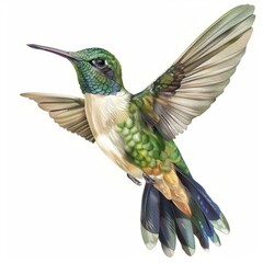 Fototapeta premium Colorful hummingbird with iridescent green feathers and long beak flying, showing off its beauty