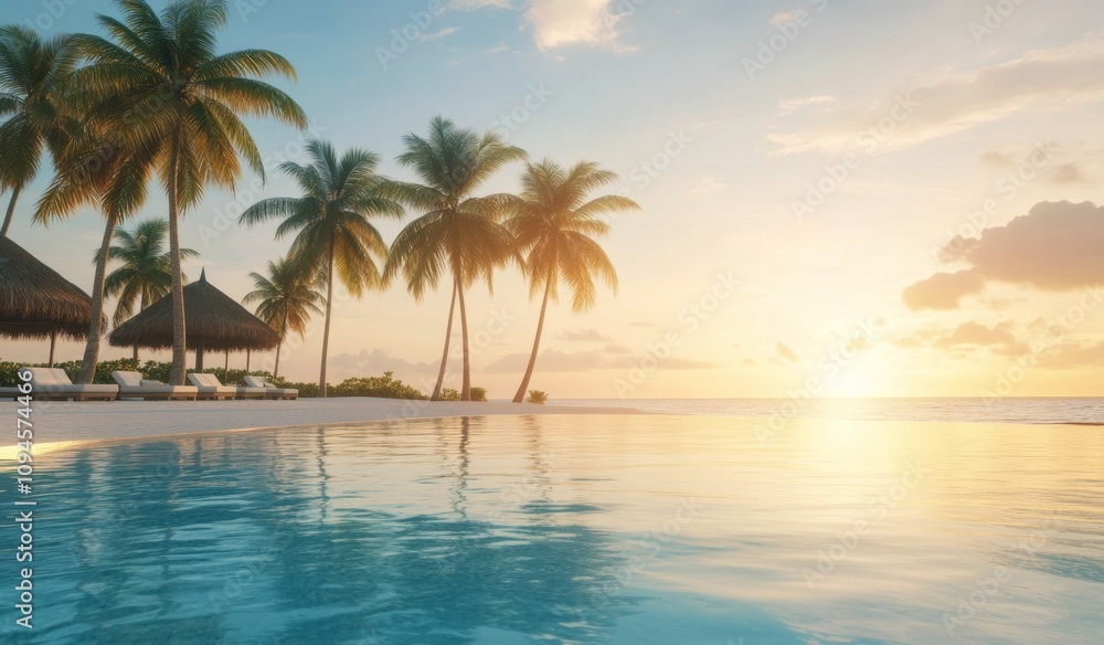 Poster serene sunset view over a tranquil pool with palm trees by the beach