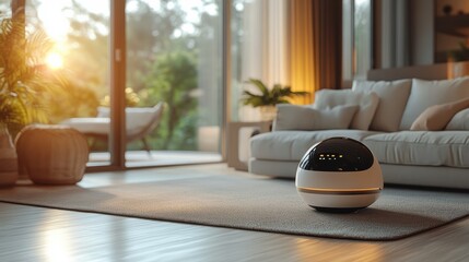 Advanced care robot assisting elderly person in cozy living room