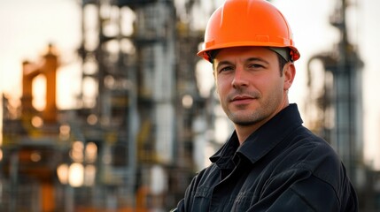 Confident engineer in hard hat with a determined expression, standing amidst industrial machinery at sunrise, showcasing expertise and professionalism.