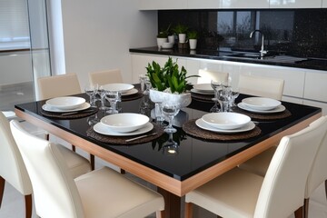 Fototapeta premium A modern dining table set with elegant tableware and plants in a contemporary kitchen.