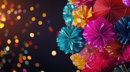 Vibrant fiesta decorations made of shiny paper flowers in diverse colors, set against a black background with sparkling bokeh lights, ideal for celebrations.