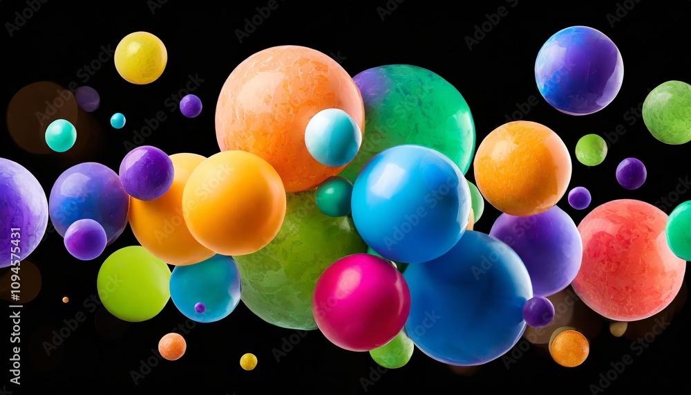 Poster dynamic abstract artwork showcasing vibrant, randomly arranged colorful spheres in motion, perfectly