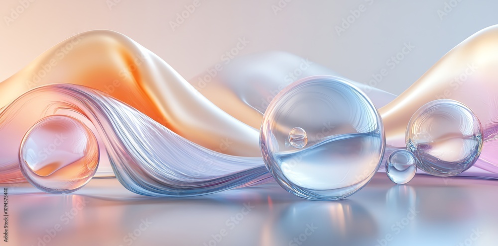 Aufkleber Abstract composition featuring flowing shapes and translucent spheres in soft colors.