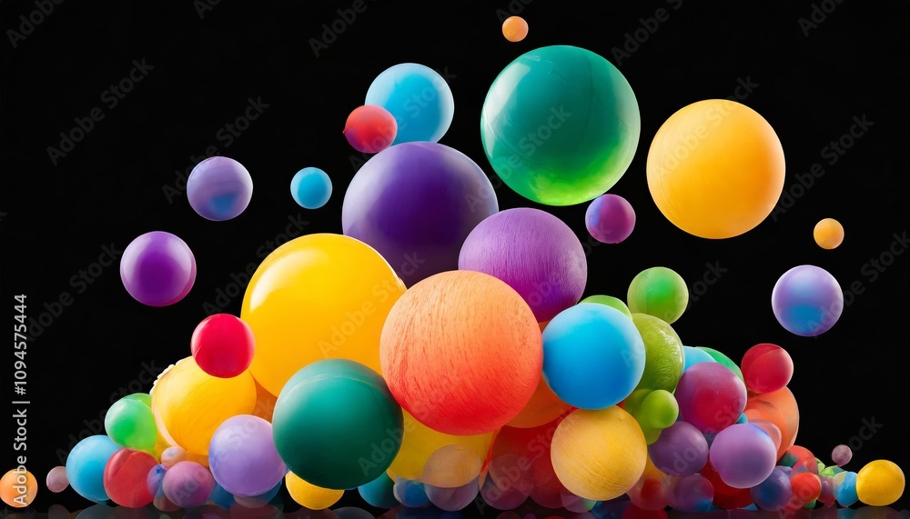 Poster dynamic abstract composition of vibrant, randomly scattered flying spheres in vivid colors, isolated