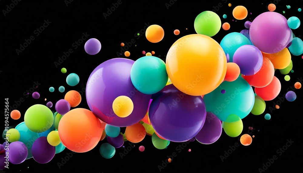 Poster vivid abstract composition featuring randomly arranged colorful spheres in dynamic flight, isolated 