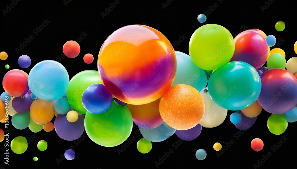 Poster dynamic abstract composition featuring vibrant, multicolored spheres floating freely against a trans