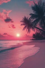 Scenic tropical beach at sunset with palm trees and calm blue waters