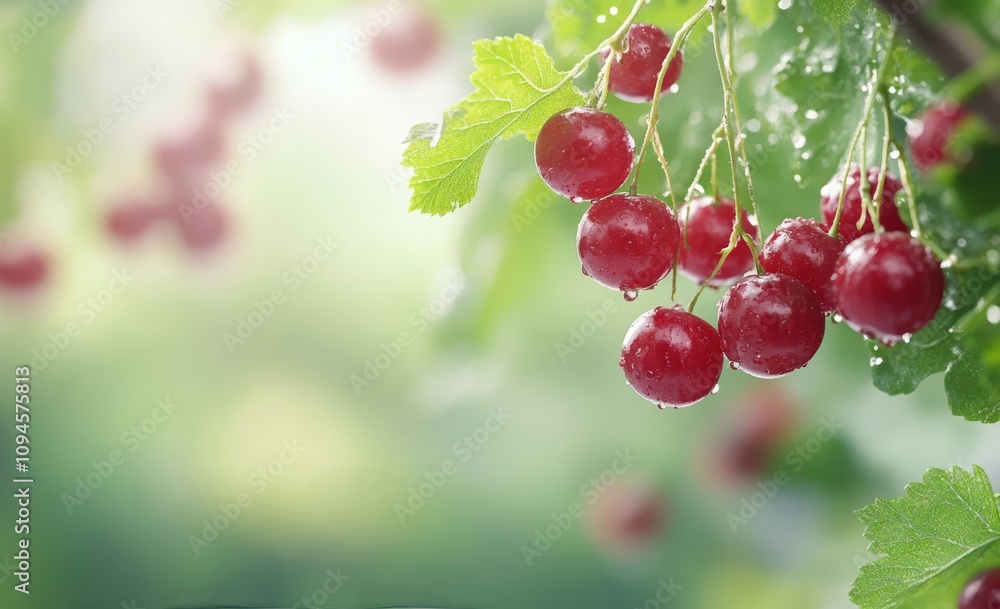 Poster fresh red currants arranged artistically on a rustic table with a soft blurry background