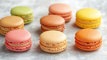 Obraz premium Colorful almond macarons arranged on a light background, showcasing pastel hues and textures, perfect for a festive dessert display.