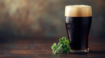 Refreshing dark beer with frothy head and clover on rustic wooden table