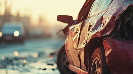 Naklejka premium Damaged red vehicle showcasing severe collision impact at an accident scene with a blurred background, offering space for text.