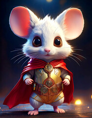 Adorable ratoncito de color blanco con grandes ojos y grandes orejas vestido con capa y traje de superhéroe.