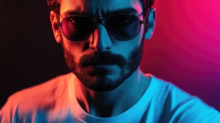 Obraz premium Close-up portrait of a serious male model with a mustache and beard, wearing sunglasses and a white t-shirt, against a dark backdrop illuminated by vibrant neon lights.