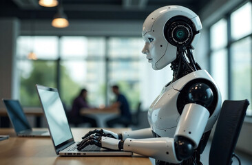 Robot humanoid working on laptop computer in modern office, artificial intelligence AI and machine learning concept, 3D rendering