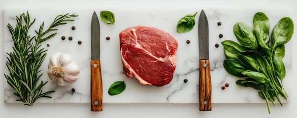 A fresh cut of meat surrounded by herbs, garlic, and leafy greens, ready for cooking on a marble cutting board with sharp knives.