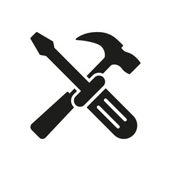 Screwdriver and Hammer Silhouette Icon for Construction and Repair Service. Maintenance Tool for Technical Support Glyph Symbol. Isolated Vector Illustration