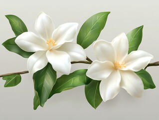 Fototapeta premium Two white magnolia flowers with green leaves on a branch, isolated on a white background.