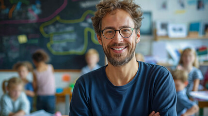 Teacher. Portrait of a happy handsome male teacher in the classroom